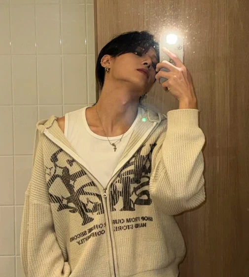 Huecloset - Lettering Hooded Zip-Up Knit (ATEEZ Wear)
