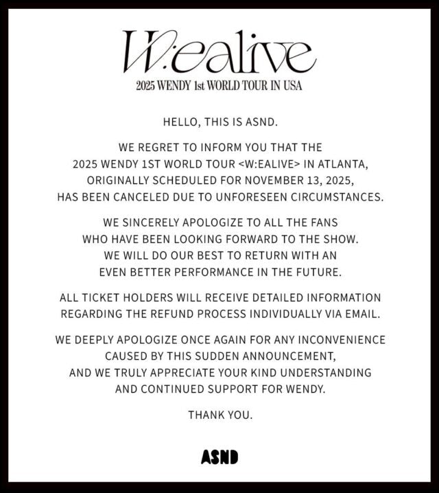 Wendy of Red Velvet Cancels Atlanta Stop of Her Solo World Tour