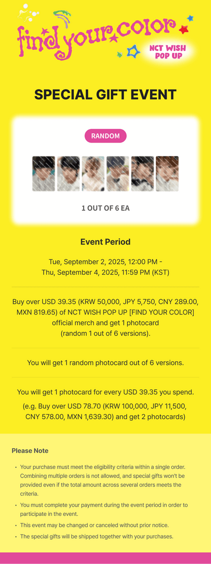 NCT WISH POP-UP [FIND YOUR COLOR] MD - Random Trading Card Set [COLOR Ver.]