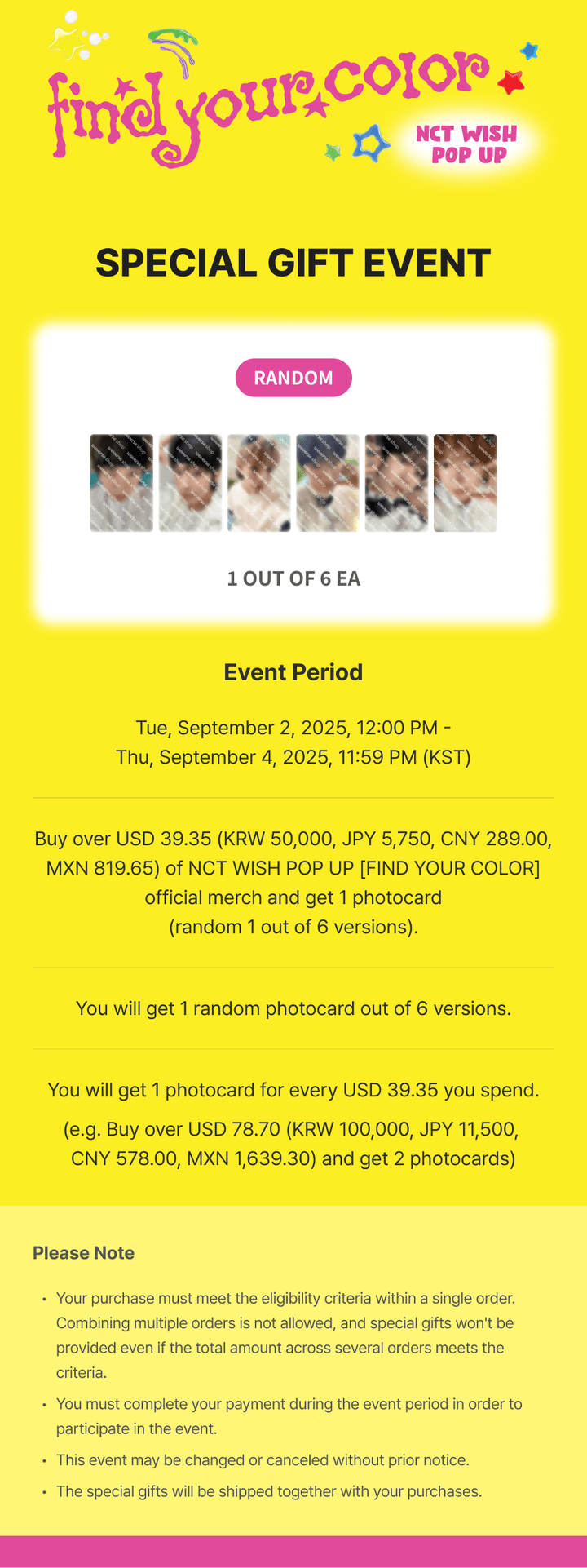 NCT WISH POP-UP [FIND YOUR COLOR] MD - Random Trading Card Set [COLOR Ver.]